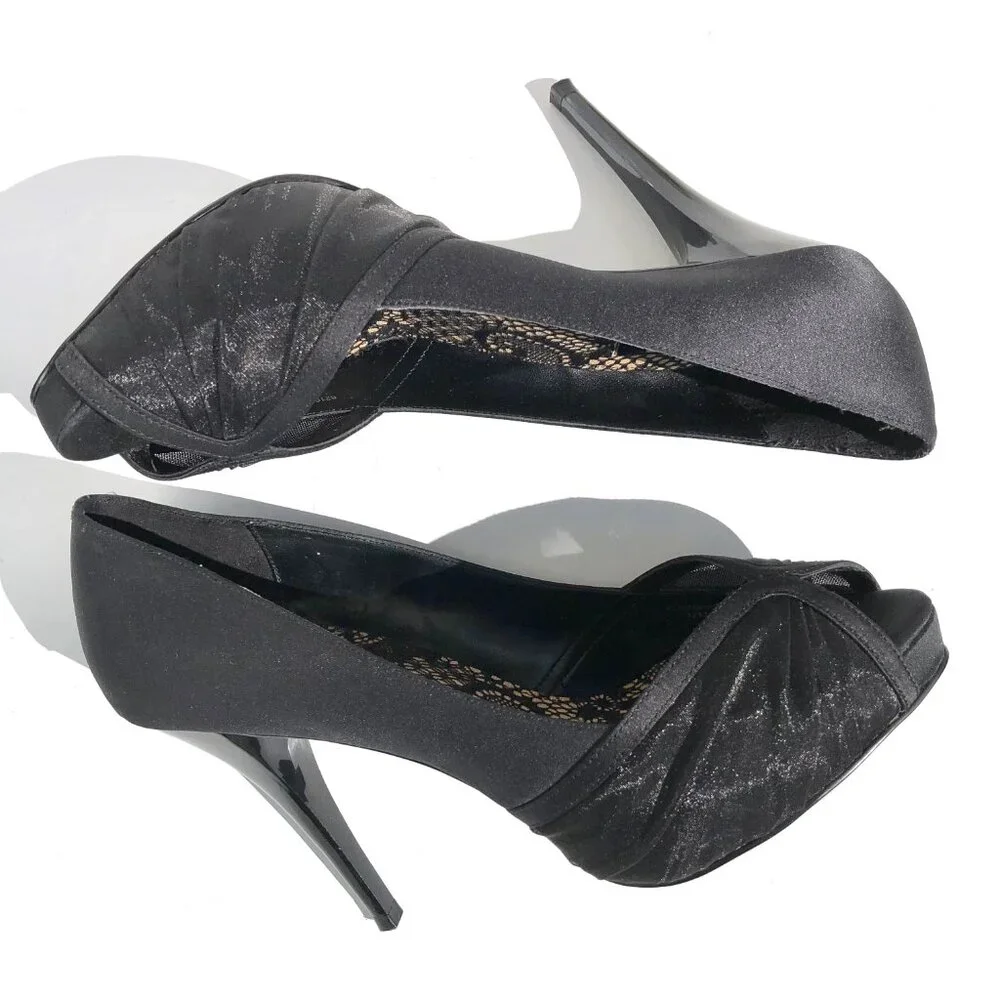 Zara Collection peep toe heels 37 black satin patent platform pump evening party